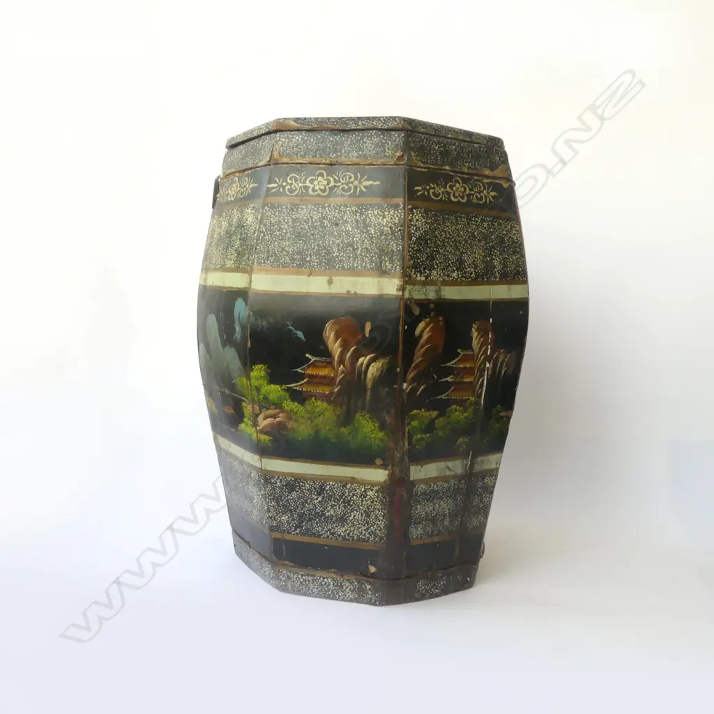 CHINESE HAND PAINTED WOODEN STORAGE BARREL / STOOL H.435mm FAULTS Image 1++