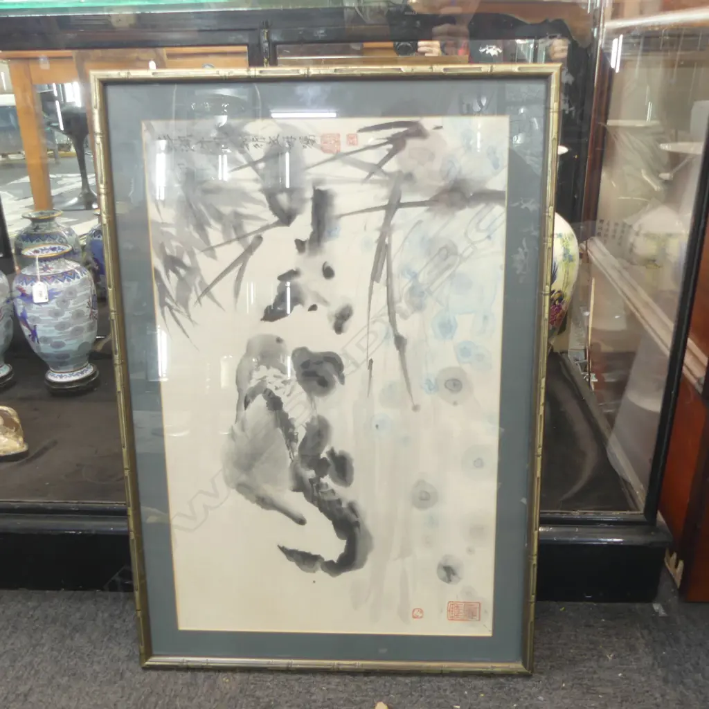CHINESE INK PAINTING FRAMED w BAMBOO LOOK FRAME, SIGNED, 400 x 600mm Image 1++
