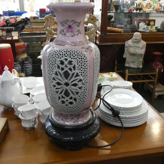 CHINESE PIERCED PORC LAMP VASE ON STAND H590MM