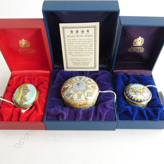 THREE BOXED 'HALCYON DAYS ENAMELS'; The Sciences, Blenheim Palace & Christmas 2007