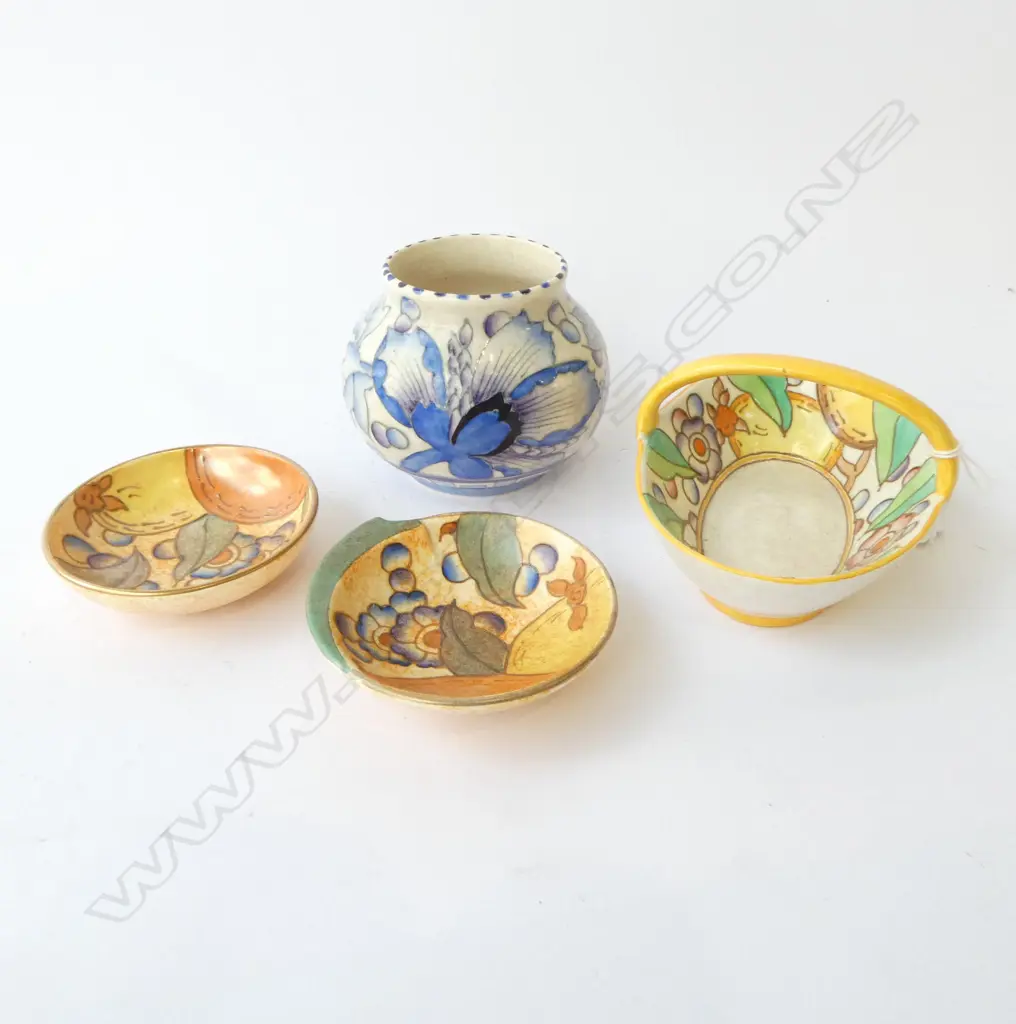 4 PCES CHARLOTTE RHEAD; BASKET DISH, VASE H90mm, 2 SMALL DISHES Image 1++