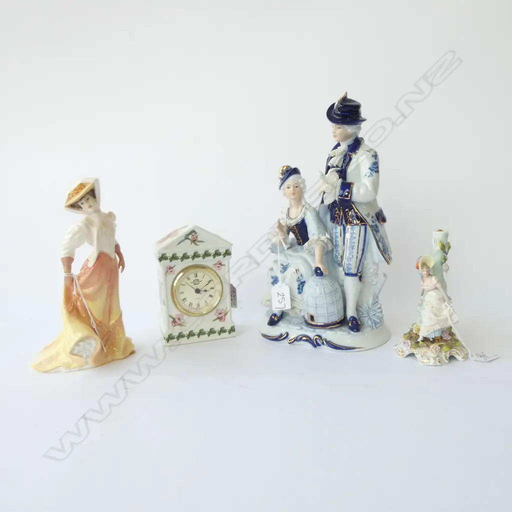 4 PCS; DOMANI PORCELAIN B/W COUPLE H.300mm, PORTMERION CLOCK (sml chip), RD 'THE OPEN ROAD' FIGURINE & OTHER Image 1++