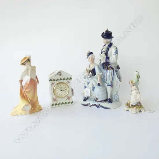 4 PCS; DOMANI PORCELAIN B/W COUPLE H.300mm, PORTMERION CLOCK (sml chip), RD 'THE OPEN ROAD' FIGURINE & OTHER