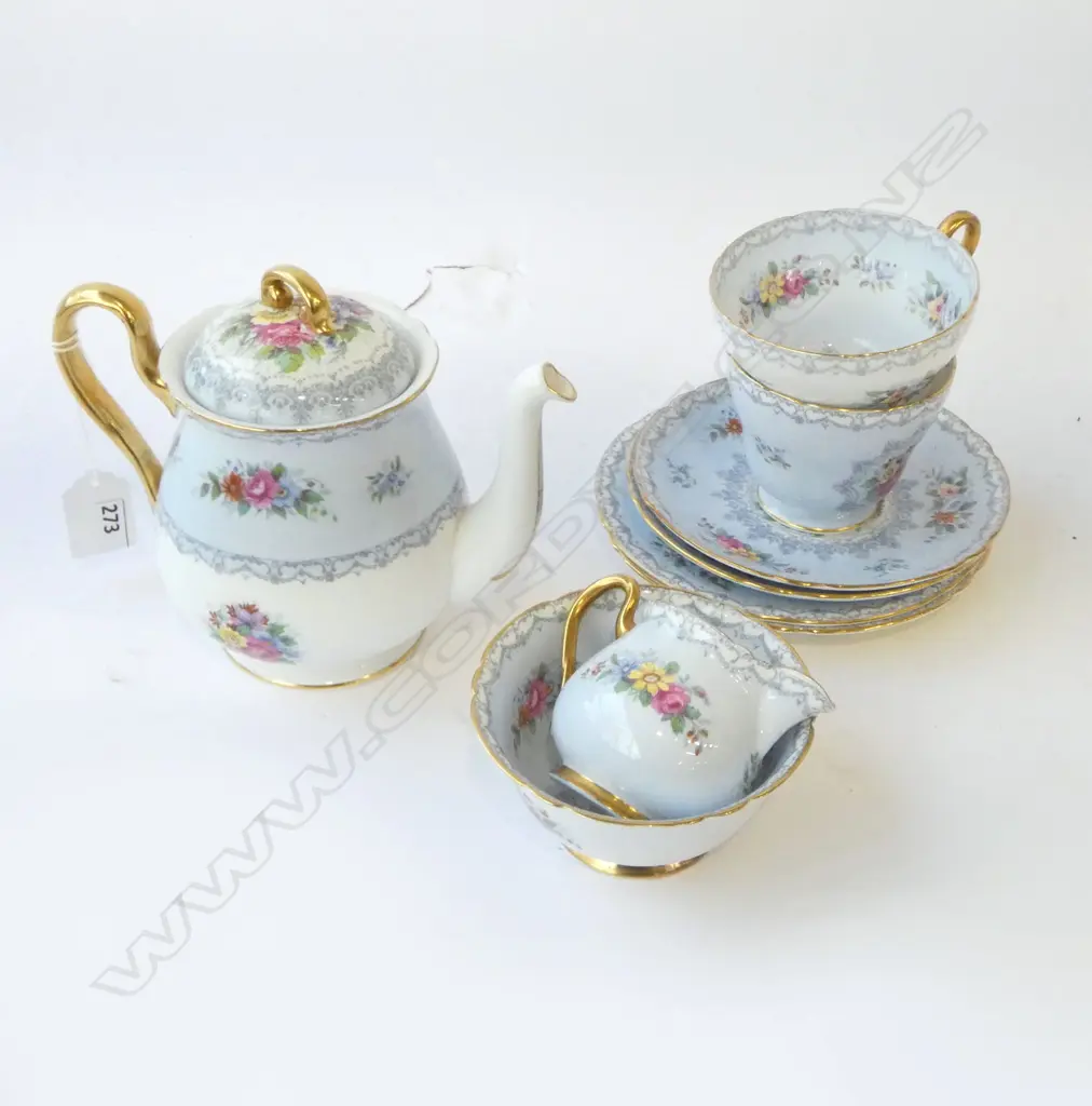 SHELLEY CHINA COFFEE POT C/SUGAR 2 C/S & SMALL DISH BLUE FLORAL PAT Image 1++