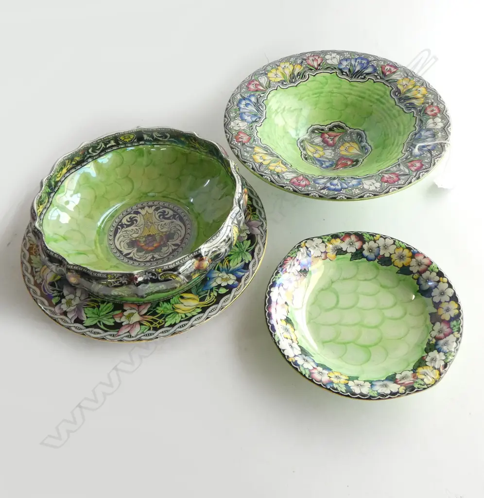 4 PCES GREEN MALING CHINA; 3 BOWLS + PLATE 290mm dia Image 1++