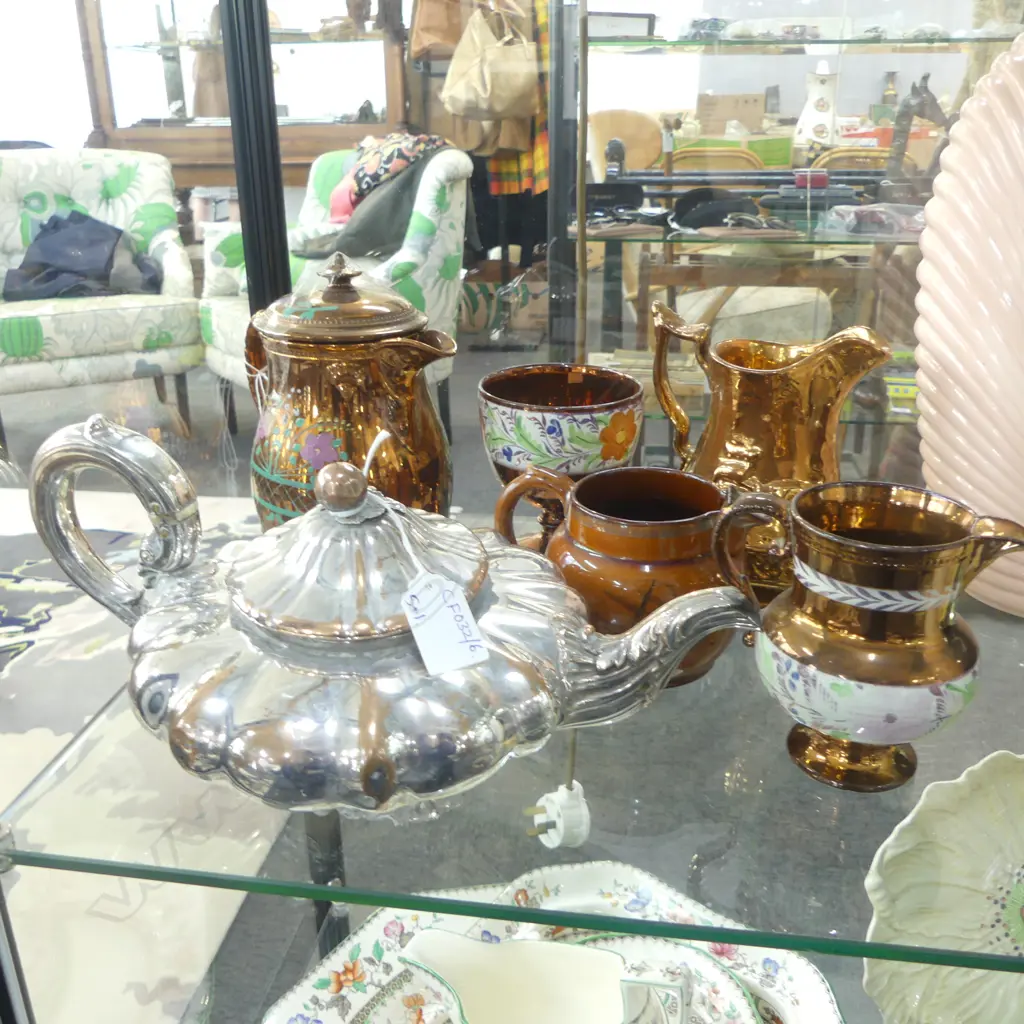 5 PCES VICTORIAN LUSTREWARE + OLD SHEFFIELD PLATE MELON SHAPED TEAPOT Image 1++