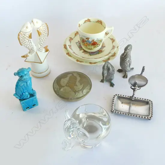 ASST SML ITEMS; CRYSTAL ELEPHANT PAPERWEIGHT, PORCELAIN PISCES, EP POCKETWATCH HOLDER, FOO DOG, DUCKS & 3 PCS BUNNYKINS