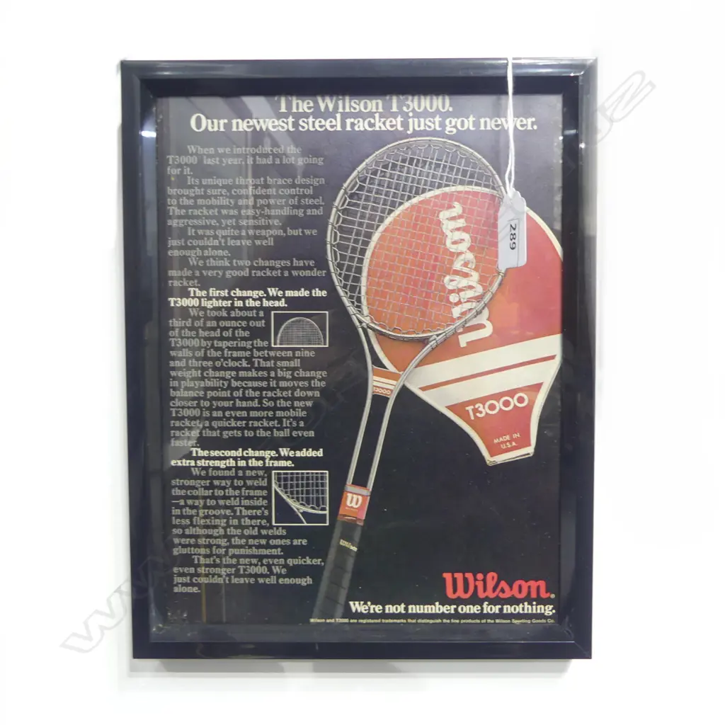 “WILSON T3000” PERIOD FRAMED ADVERT FOR THE “NEWEST STEEL RACKET” c.1973 Image 1++