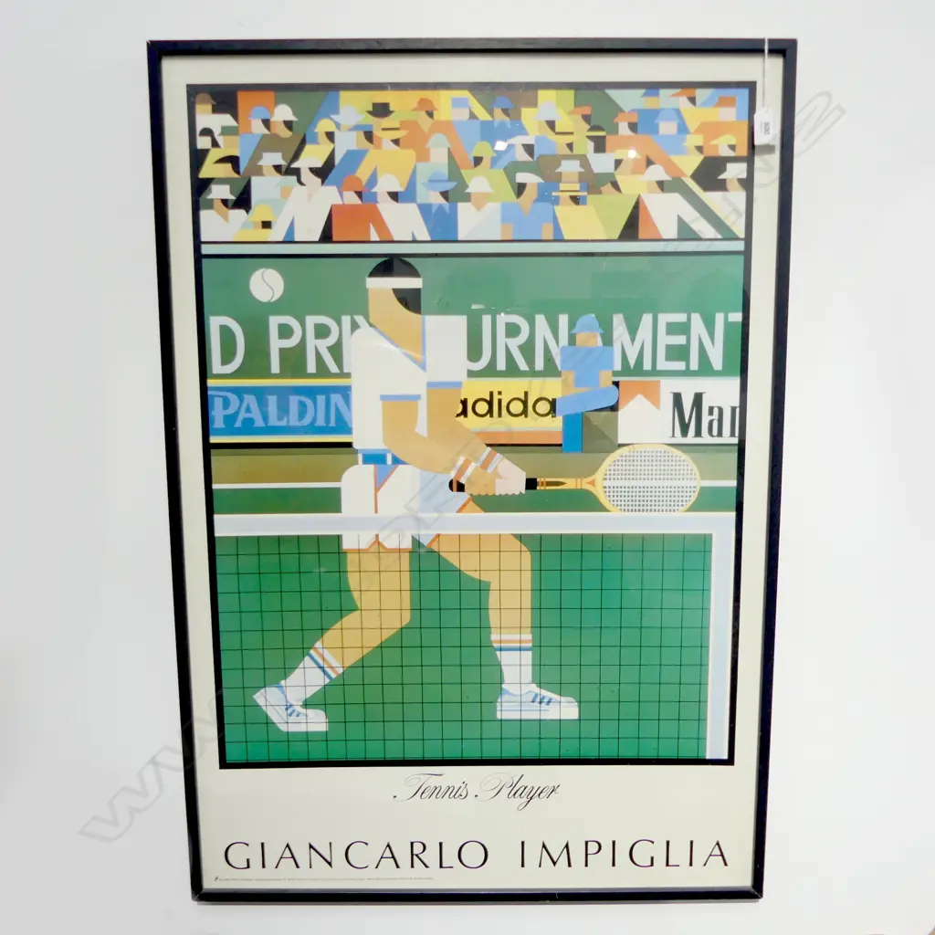 GIAN CARLO IMPIGLIA, FRAMED c.1970s TENNIS PLAYER PRINT, PUBLISHED BY JOHN FABER MEASURES 900 X 610mm Image 1++