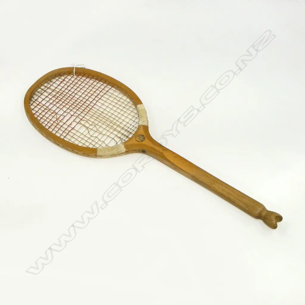 EARLY WOODEN OVAL HEAD “FISHTAIL” GROOVED HANDLE "CLUB” RACKET BY CLAPSHAW AND CLEAVE Ltd. BIRMINGHAM c.1920... Image 1++