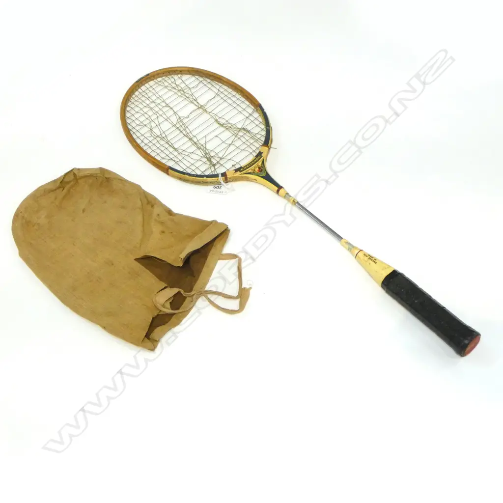 STEEL SHAFTED “SLAZENGER” BADMINTON RACQUET WITH A GOLD LEAF by GRAHAM JOHNS AND KEVIN LONG Ltd. AUCKLAND c.1950s Image 1++
