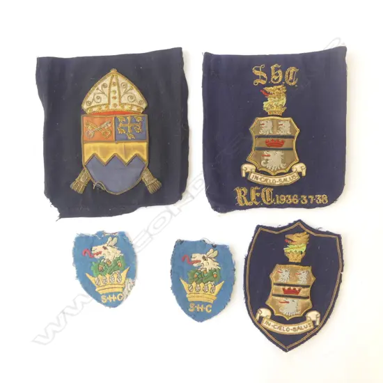 PRE WW II EMBROIDERED BLAZER EMBLEM (Ampleforth College York UK) & 4 VINTAGE SCHOOL EMBLEMS (dated 1938, 2 w gold braid)