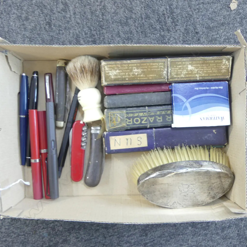 ASST ITEMS; SILVER BACKED HAIR BRUSH, BADGER BRISTLE SHAVING BRUSH, VINTAGE SHAVERS, PENS, KNIVES INCL SWISS ARMY Image 1++