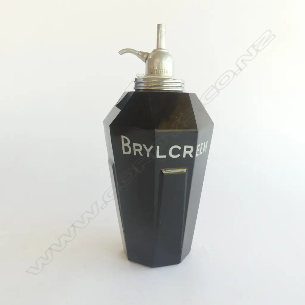 RARE ART DECO 'BRYLCREAM' tapered octagonal BLACK GLASS DISPENSER with aluminium screw pump top. H.220mm Image 1++