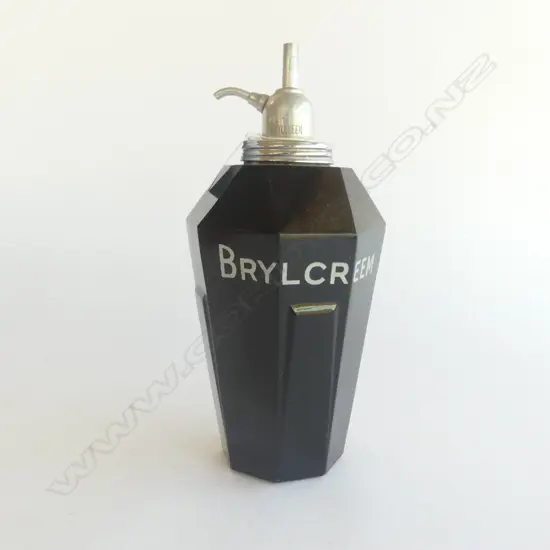 RARE ART DECO 'BRYLCREAM' tapered octagonal BLACK GLASS DISPENSER with aluminium screw pump top. H.220mm