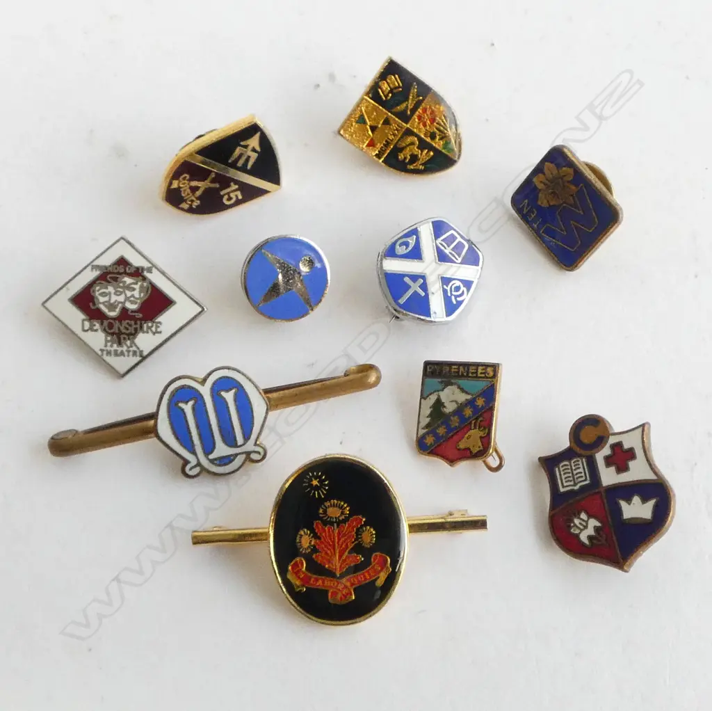 BAG VINTAGE MAINLY GILDED & ENAMELLED ASST LAPEL BADGES Image 1++