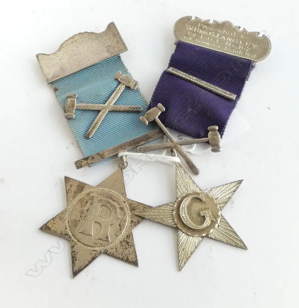 2 THE REBECCA'S (female Oddfellows) SILVER engraved JEWELS crossed hammers etc on ribbons 60+ gms Image 1++