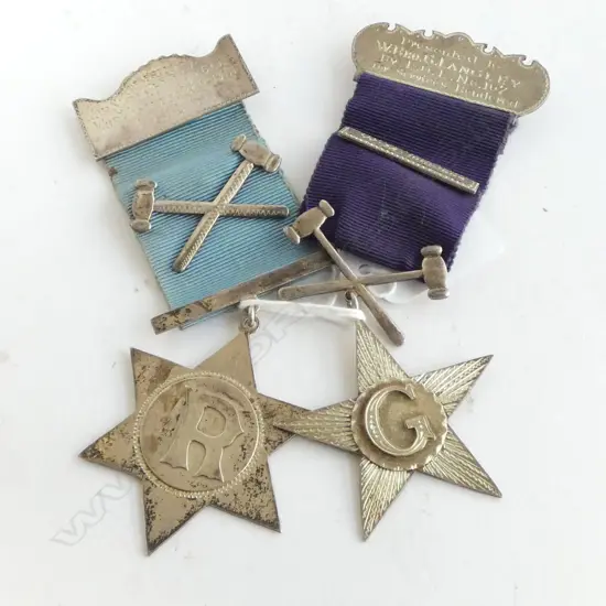 2 THE REBECCA'S (female Oddfellows) SILVER engraved JEWELS crossed hammers etc on ribbons 60+ gms