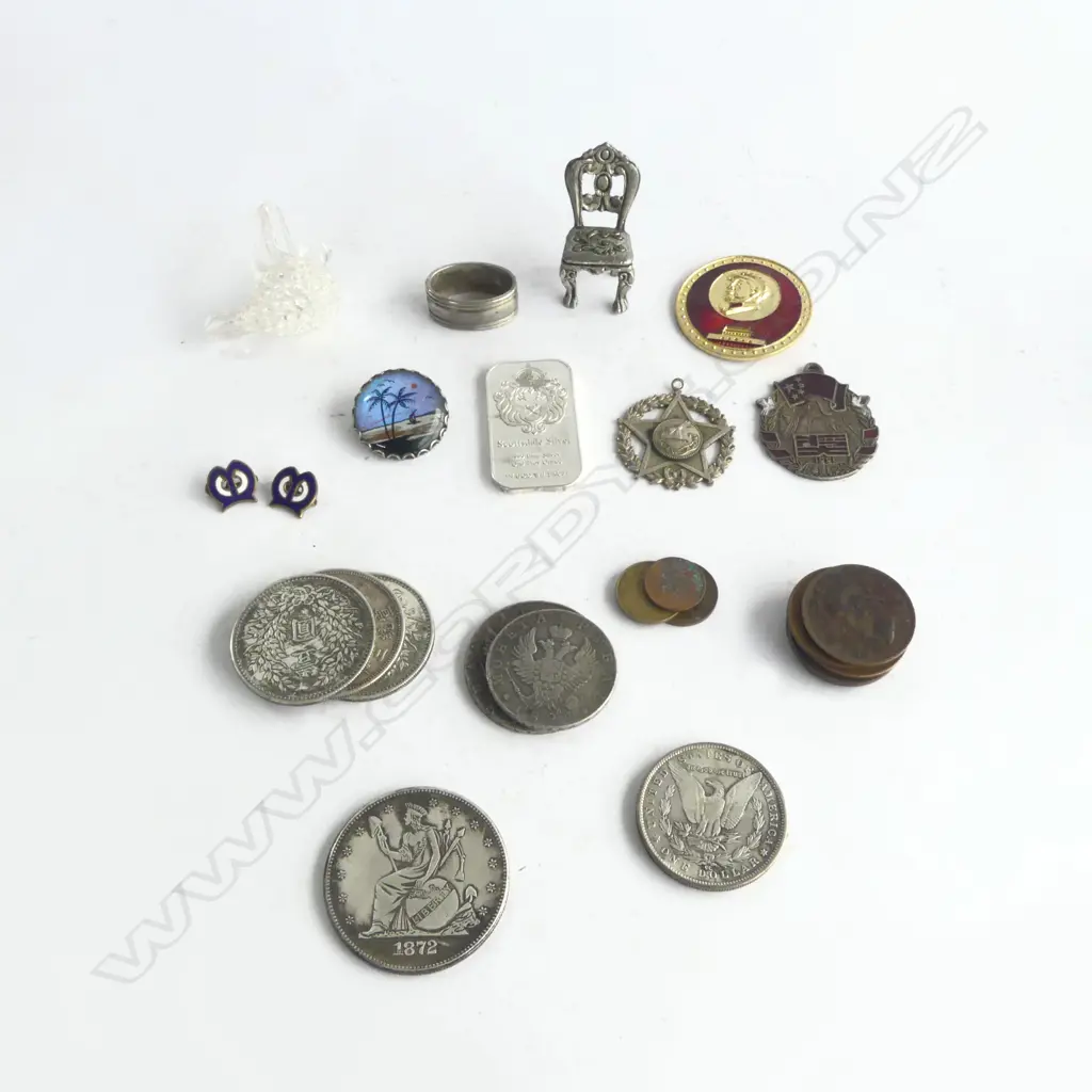 2 ANTIQUE RUSSIAN SILVER COINS, 2 AMERICAN SILVER? COINS, 3 CHINESE SILVER? COINS, SCOTTSDALE .999 SILVER BAR, etc Image 1++