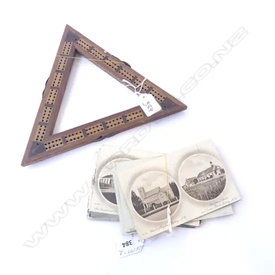 ASST. c1900 POSTCARDS; FIELDING SCENES & VINTAGE CRIBBAGE BOARD