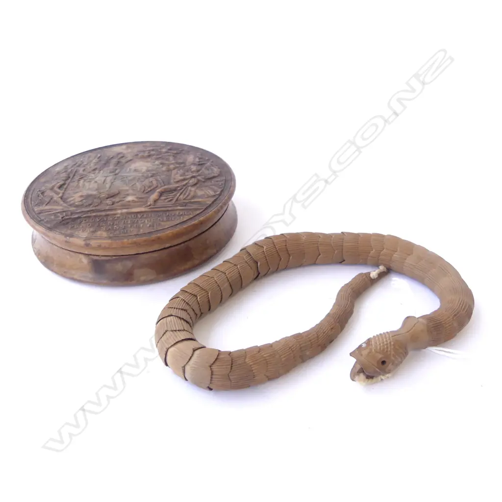 VINTAGE WOODEN P.O.W. SNAKE L.310mm IN FRENCH BOX 90mm dia... Image 1++