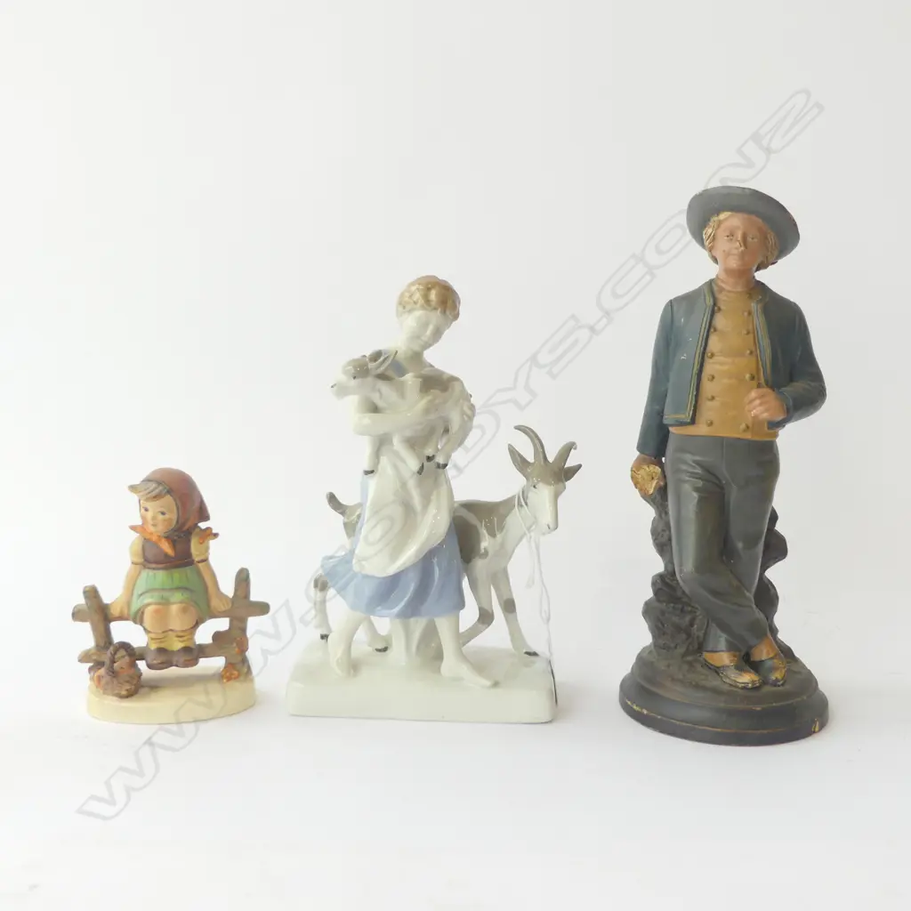 3 FIGURINES; HUMMEL, WOMAN w. GOATS, GENT (REPAIRS) H.210mm Image 1++