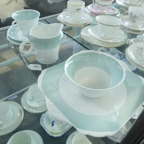 DECO SHELLEY CHINA PART TEASET CAKE PLATE C/SUGAR CSP  GREEN DESIGN