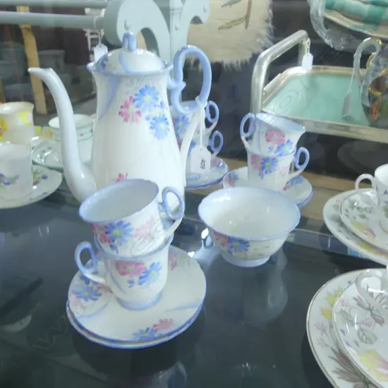 PART SHELLEY CHINA COFFEE SET 6C/S SUGAR BOWL & COFFEE POT CRACKED FLORAL PAT