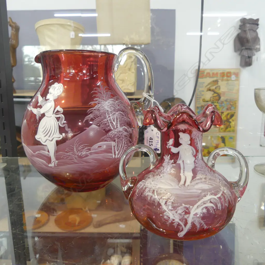 CRANBERRY / RUBY GLASS MARY GREGORY VASE & JUG H.180mm Image 1++