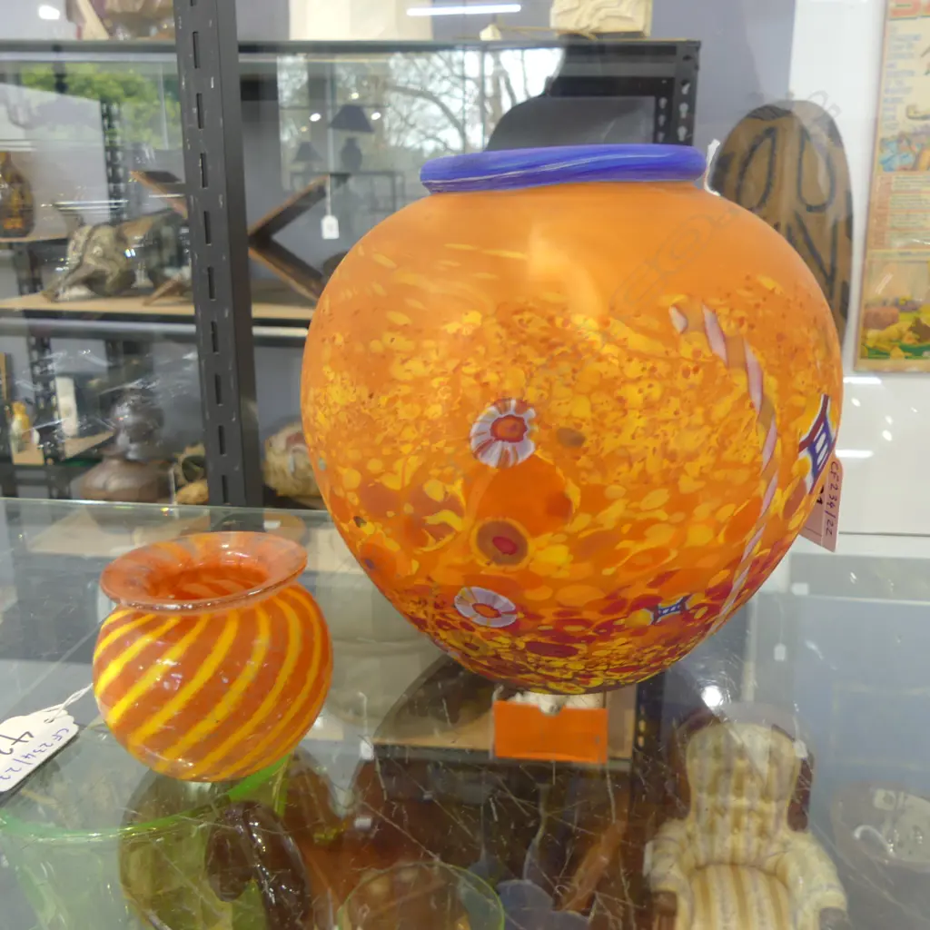 2 SIGNED STUDIO GLASS VASES BRIGHT ORANGE COLOURS H170 & 60MM Image 1++