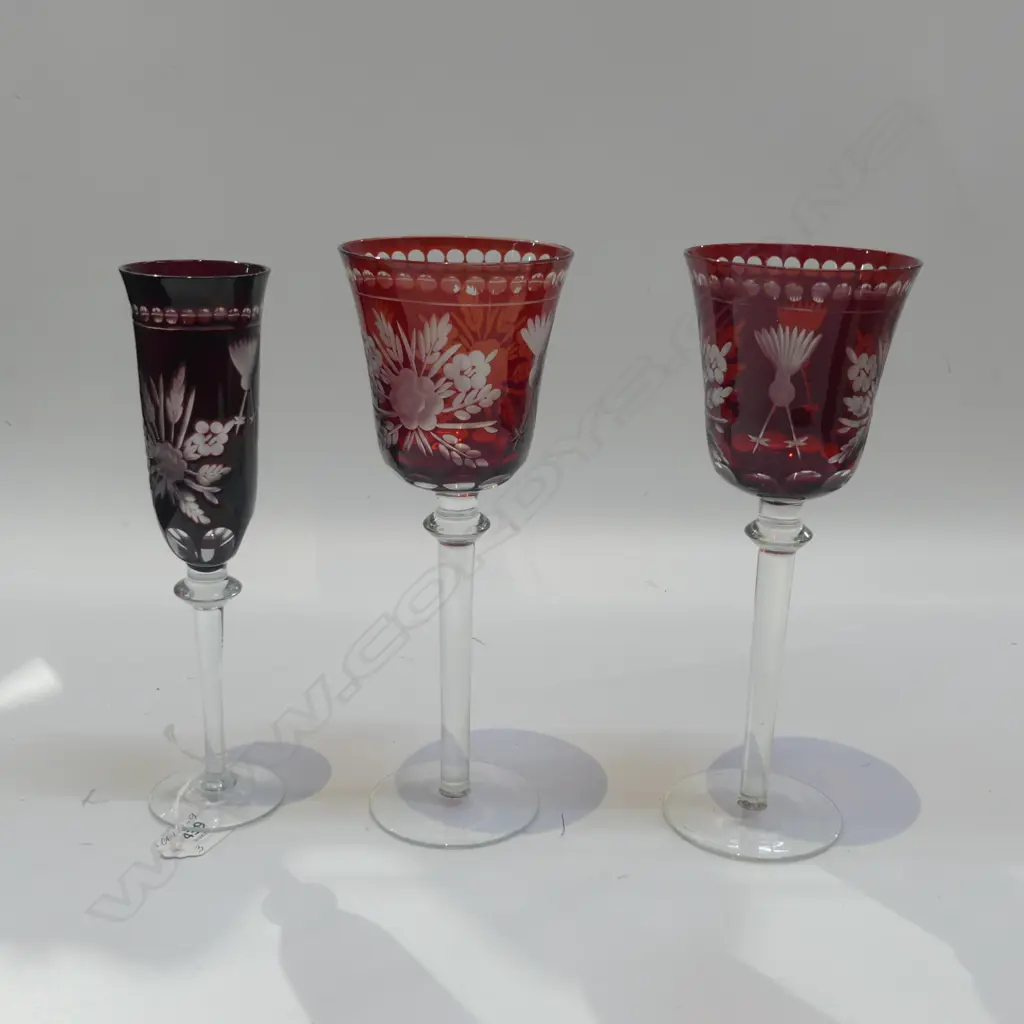 3 VINTAGE BOHEMIAN CUT CRYSTAL WINE GLASSES, H.2435mm Image 1++