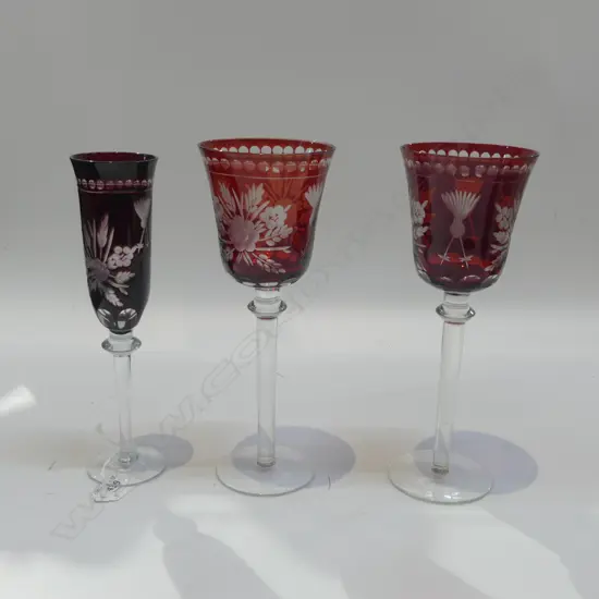 3 VINTAGE BOHEMIAN CUT CRYSTAL WINE GLASSES, H.2435mm