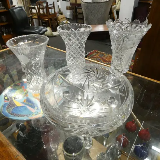 HEAVY CRYSTAL BOWL + 3 VASES H.280mm