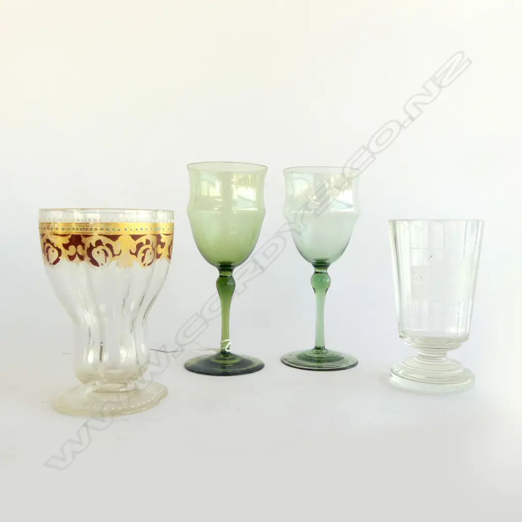 ANTIQUE GLASS WARE; 2 GRN POWEIL c1890, MURANO & MARIENBAD ENGRAVED Image 1++