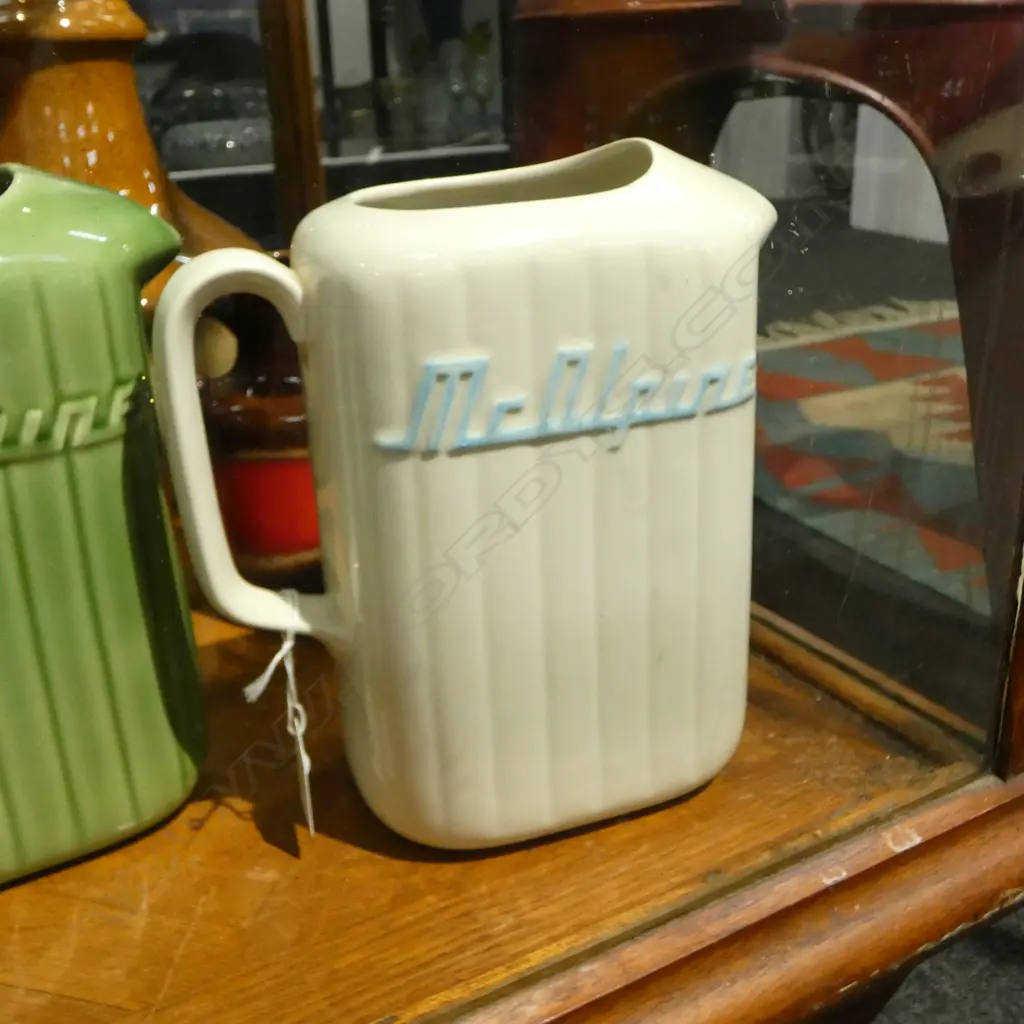 CROWN LYNN MCALPINE JUG white with blue lettering H.220mm. Unmarked Image 1++