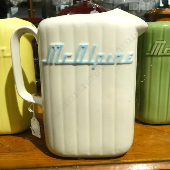 CROWN LYNN MCALPINE JUG white with blue lettering H.220mm printed Crown Lynn mark to base