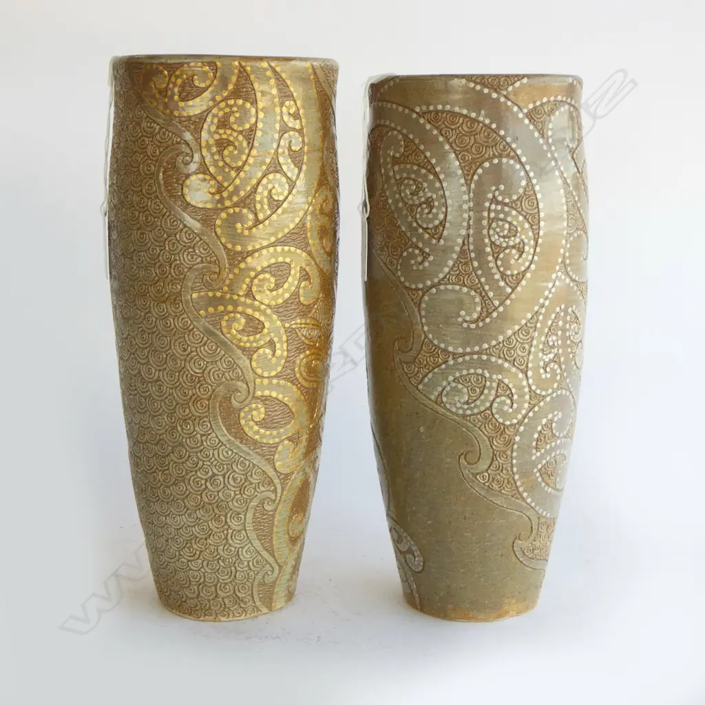 PR KEUM SUN LEE VASES, BEIGE w SILVER & GOLD DETAIL, H.300mm Image 1++