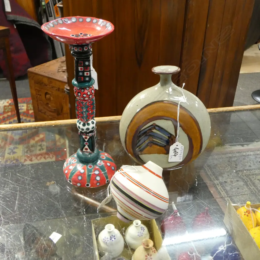 3 NZ STUDIO POTTERY PCS 2 VASES H190 & 90MM & CANDLE STAND H260MM Image 1++