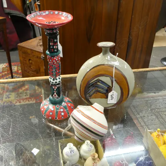 3 NZ STUDIO POTTERY PCS 2 VASES H190 & 90MM & CANDLE STAND H260MM