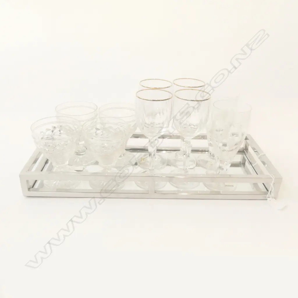 MIRRORED GALLERY TRAY L500MM WITH 4&4&2 CRYSTAL GLASSES Image 1++