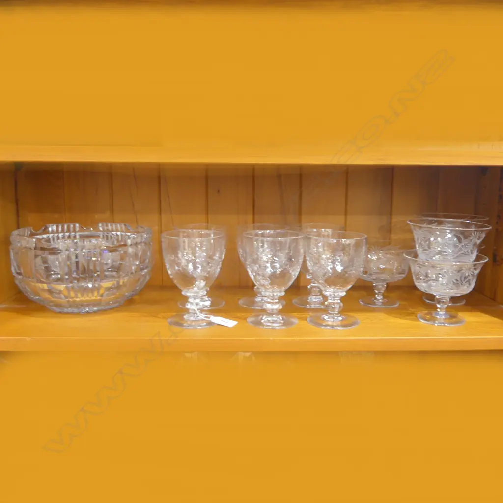 12 STUART CRYSTAL GLASSES; 6 GOBLETS + 6 SUNDAE + HEAVY CRYSTAL BOWL 205mm dia Image 1++