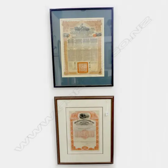 2 FRAMED GOLD BONDS; AMERICAN $1000 & CHINESE GOVERNMENT 440x325mm