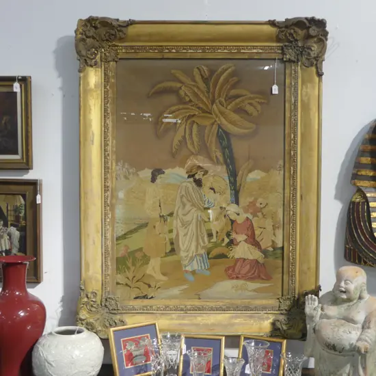 ANTIQUE FRAMED TAPESTRY IN ORNATE GILDED FRAME DEPICTING BIBLICAL SCENE 1300x1020mm 