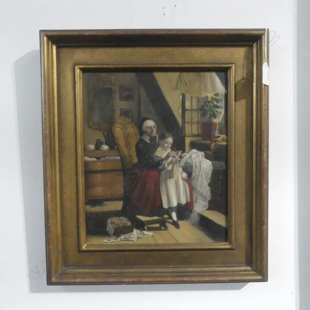 'THE KNITTING LESSON' OIL ON CANVAS AFTER CURRIER & IVES PRINT, 300x250mm Image 1++