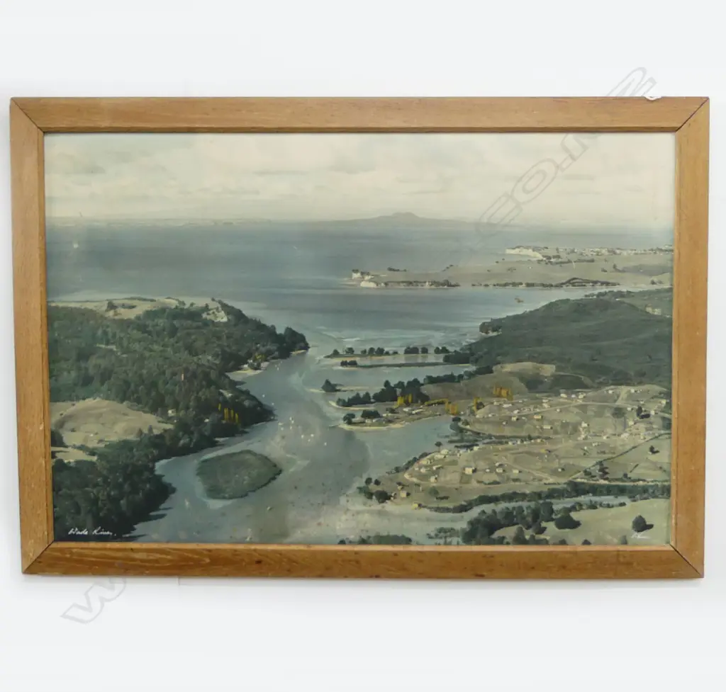 WHITE'S AVIATION PHOTO  'WADE RIVER' Whangaparaoa & Rangitoto hand coloured (a few marks) signed & entitled 500 x 700mm Image 1++