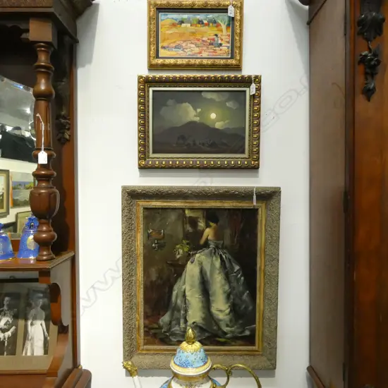 THREE FRAMED WORKS: 2 oils by Annadurdy Myradalyyew of 'Uzbekistan' & 'Turkmenistan' + Paul Padua print woman 490x390mm