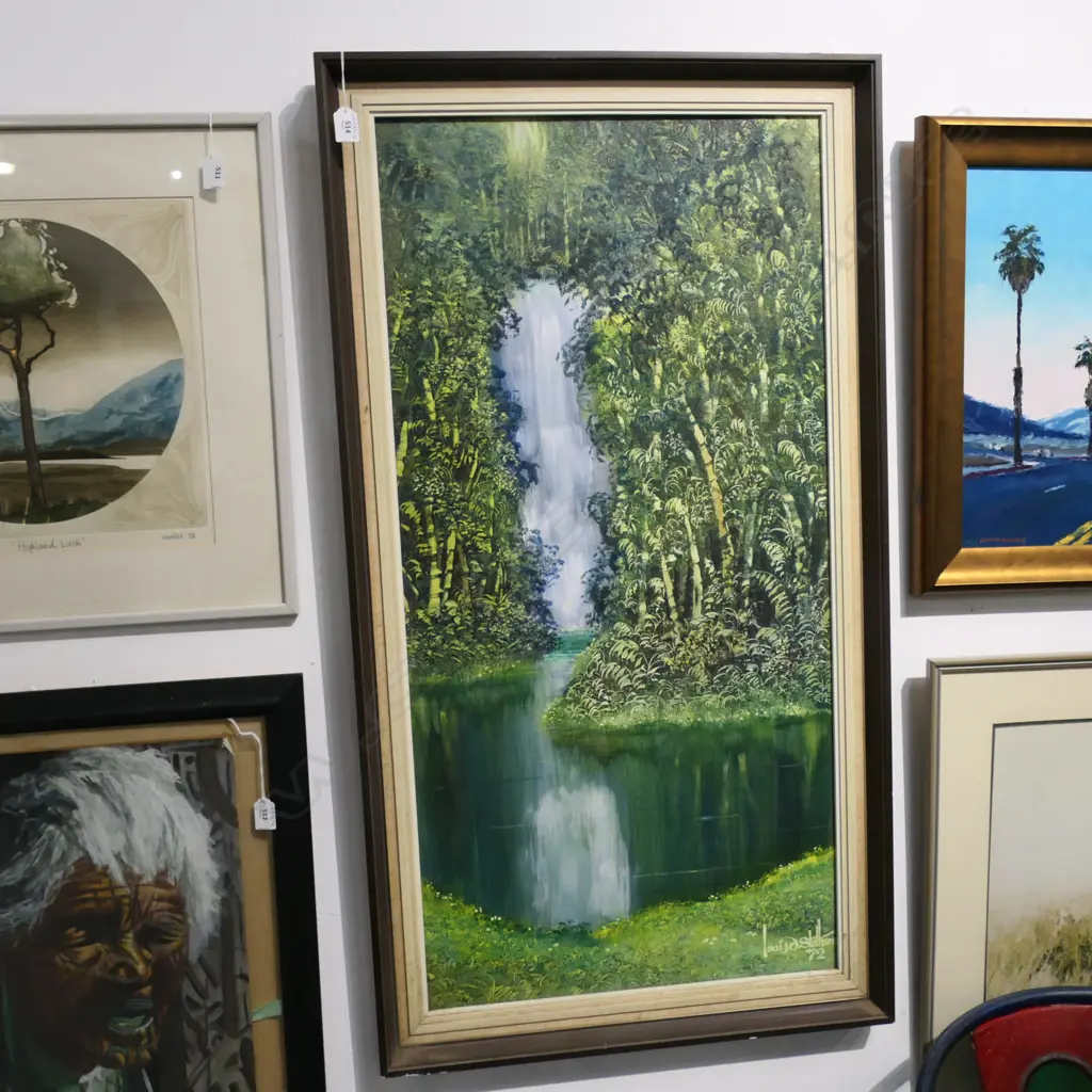 OIL ON BOARD WATERFALL IN BUSH SIGNED LOUIS STATHAM H1010 W500MM Image 1++