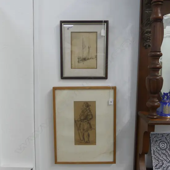 ERNST W. SMITH (AUSTRALIA) SKETCH FOR THEATRICAL COSTUME DESIGN 270x140mm + 2 PRINTS foxing