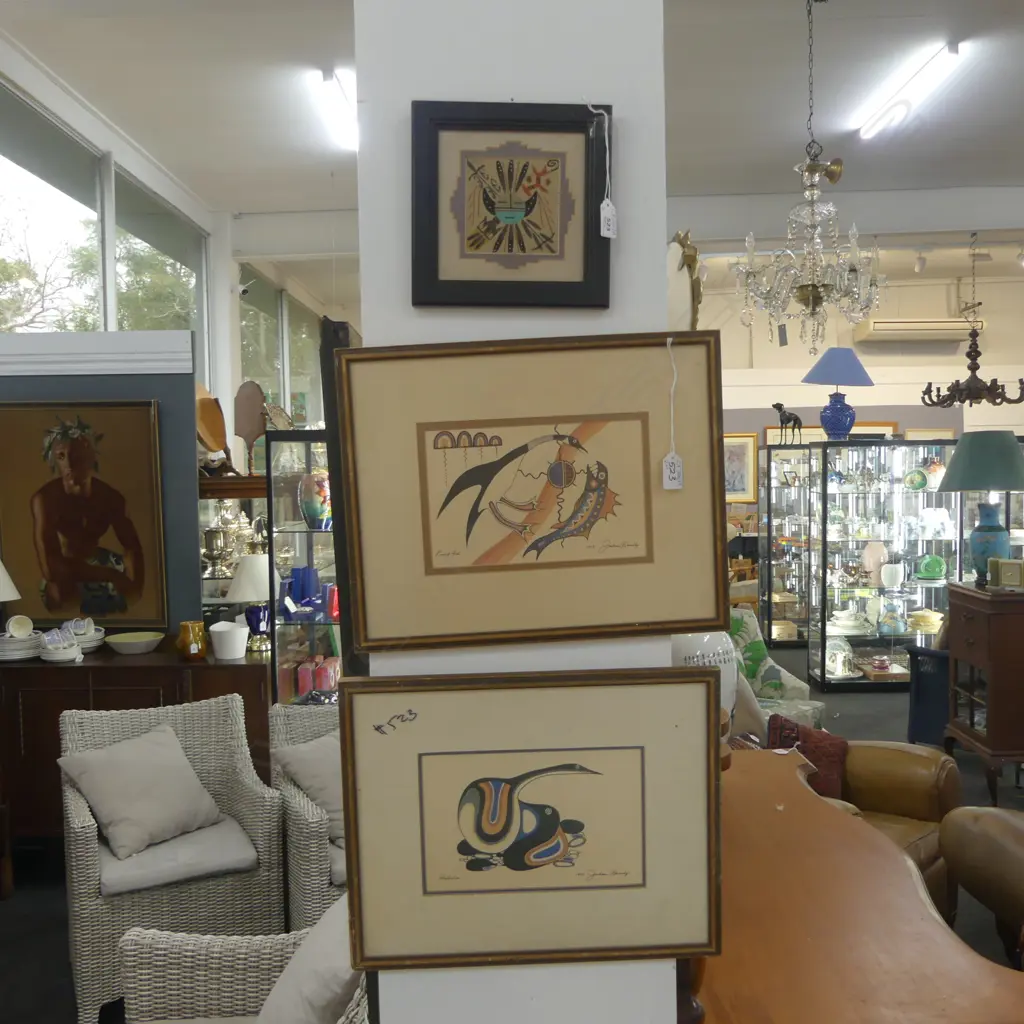 3 ARTWORKS; 2 JACKSON BEARDY PRINTS, NAVAJO SAND PAINTING 90x90mm Image 1++