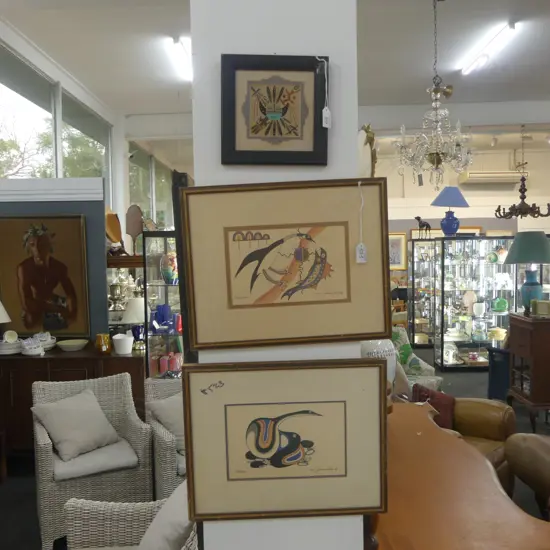 3 ARTWORKS; 2 JACKSON BEARDY PRINTS, NAVAJO SAND PAINTING 90x90mm